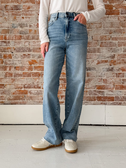 medium wash wide leg jeans