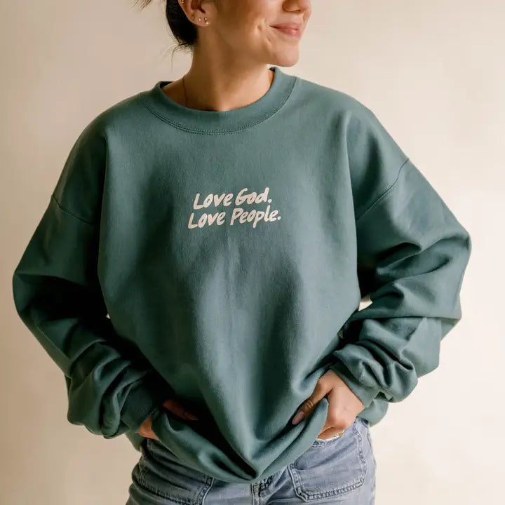 teal crewneck Love God, Love People Crewneck