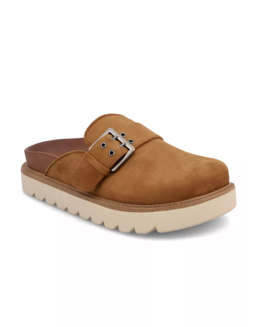 brown suede clog with buckle