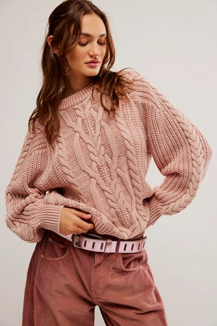 Free People: Frankie Cable Knit Sweater in Misty Rose