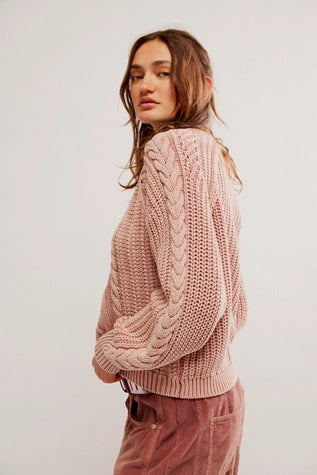 Free People: Frankie Cable Knit Sweater in Misty Rose