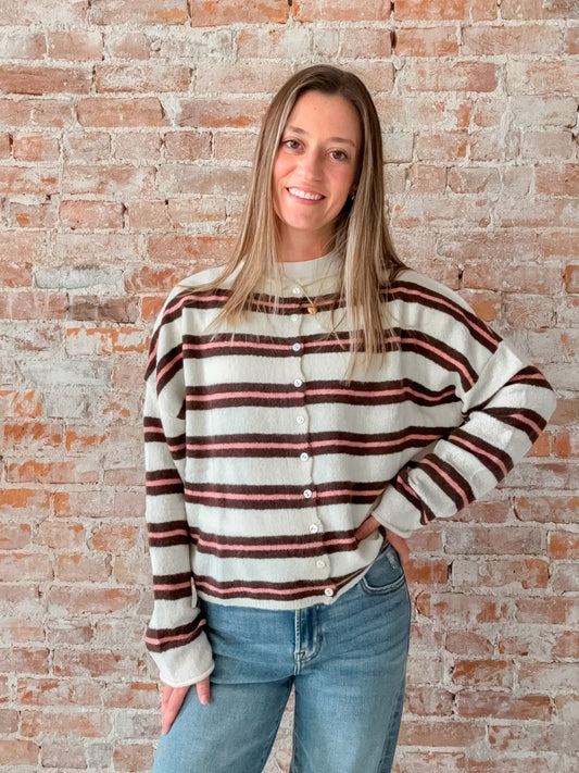 cream, rose, brown stripe cardigan