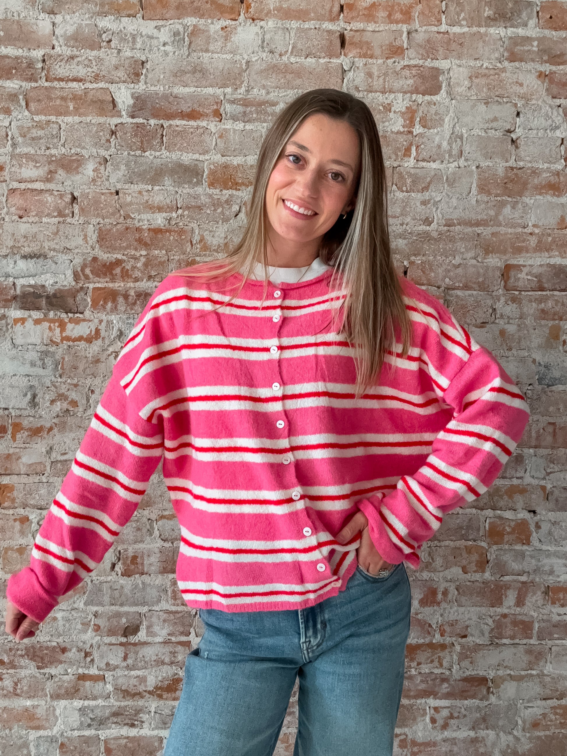 pink, cream and red stripe cardigan