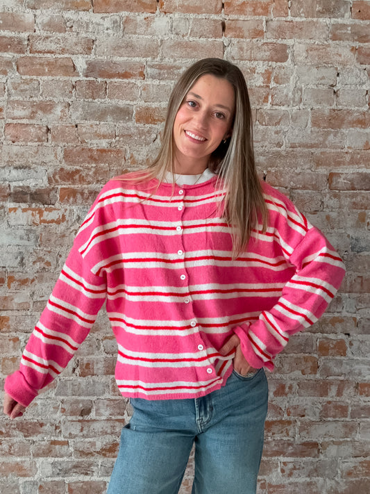 pink, cream and red stripe cardigan