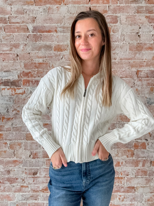cable knit zip sweater
