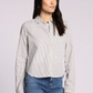 cream button down blouse with navy and camel vertical striping