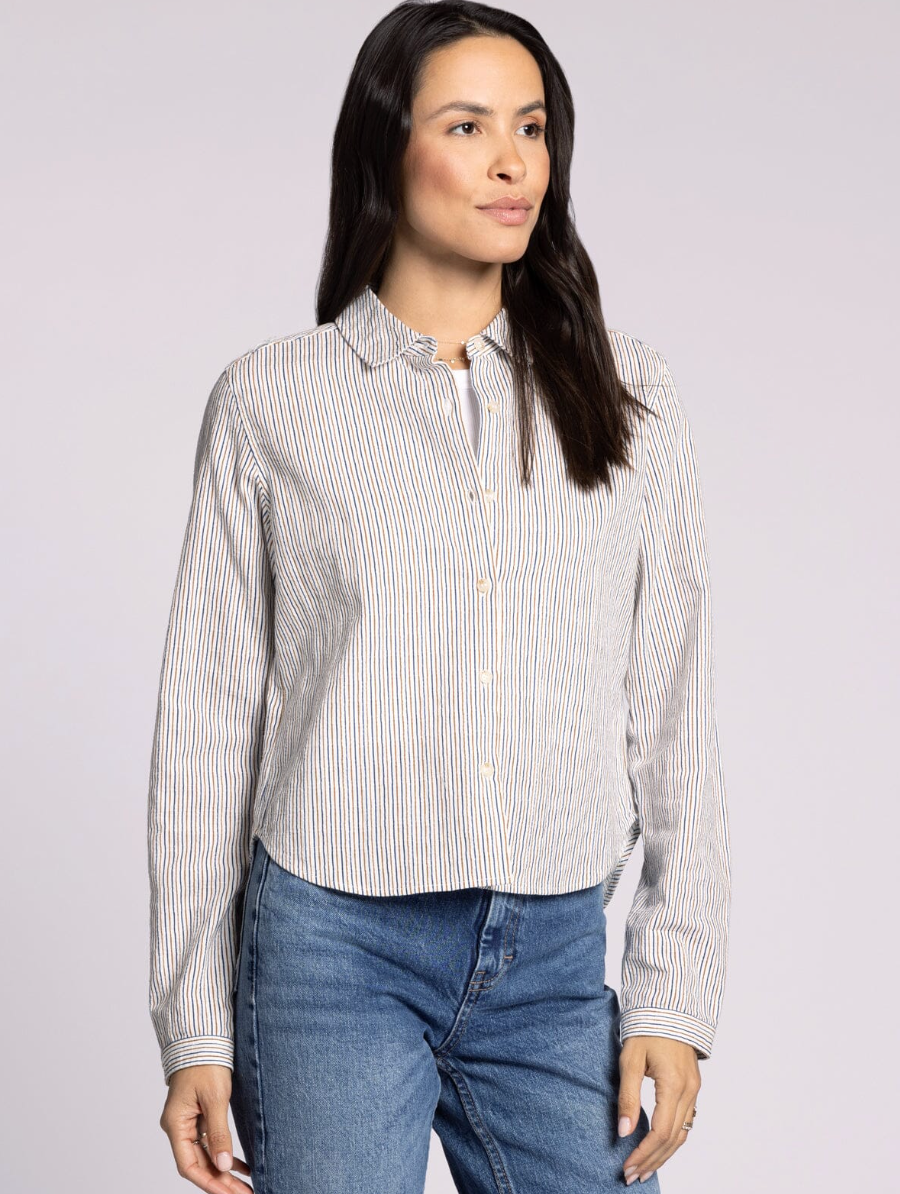 cream button down blouse with navy and camel vertical striping