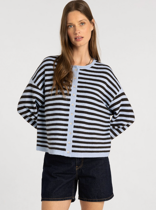 Thread & Supply: Dover Cardigan in Blue Brown Stripe