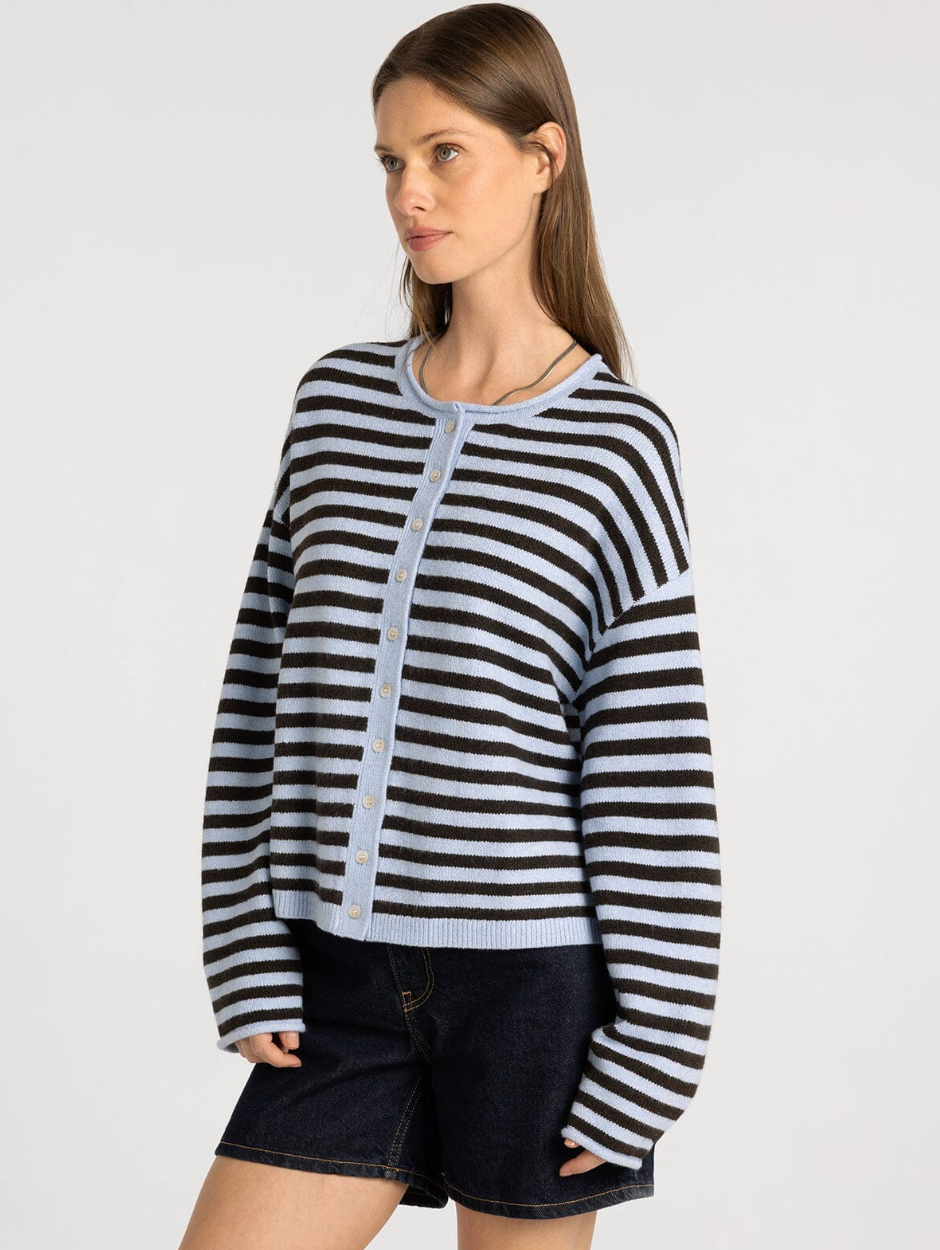 Thread & Supply: Dover Cardigan in Blue Brown Stripe