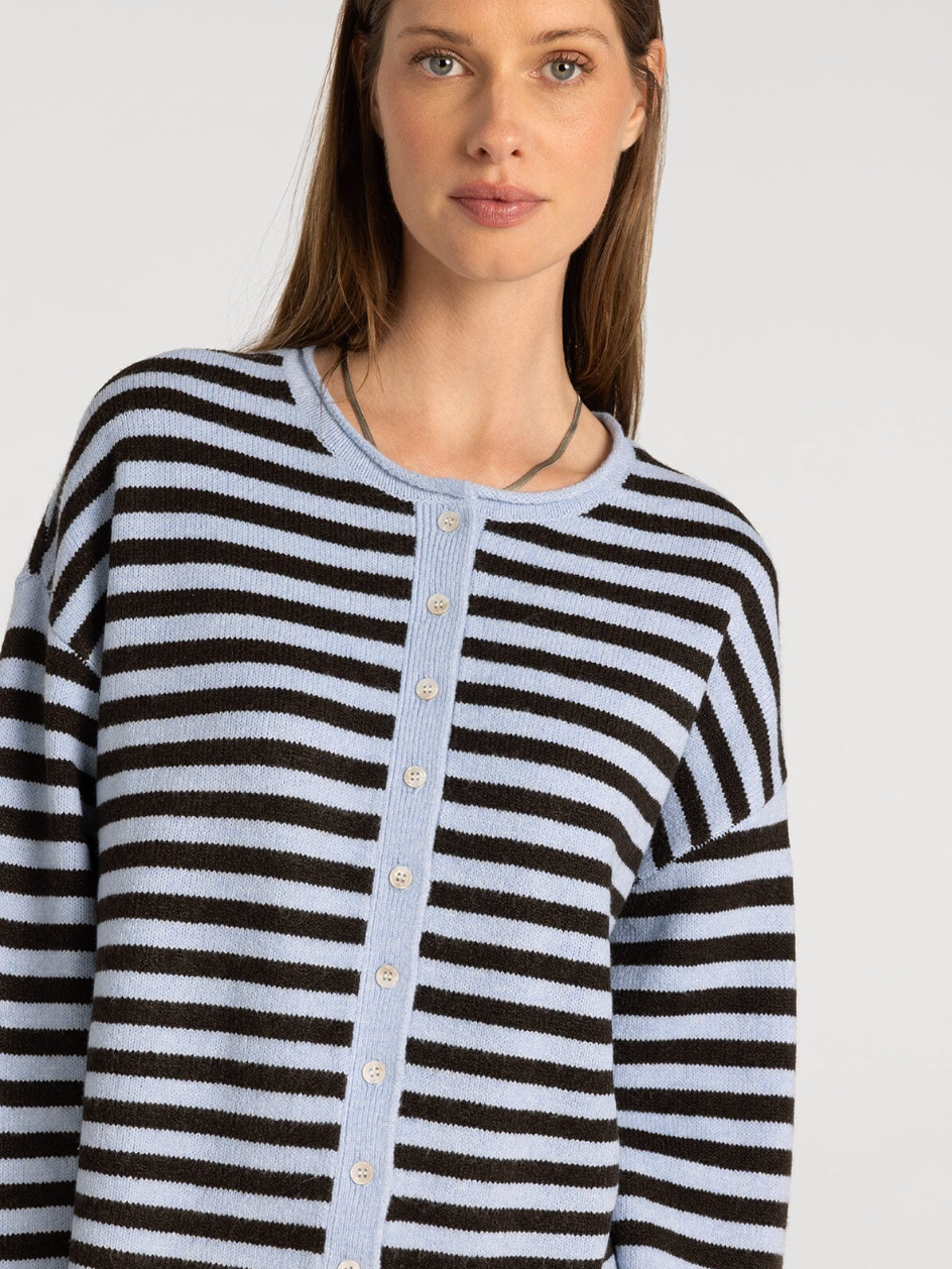 Thread & Supply: Dover Cardigan in Blue Brown Stripe