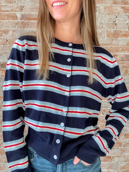 red white navy and light blue stripe cardigan