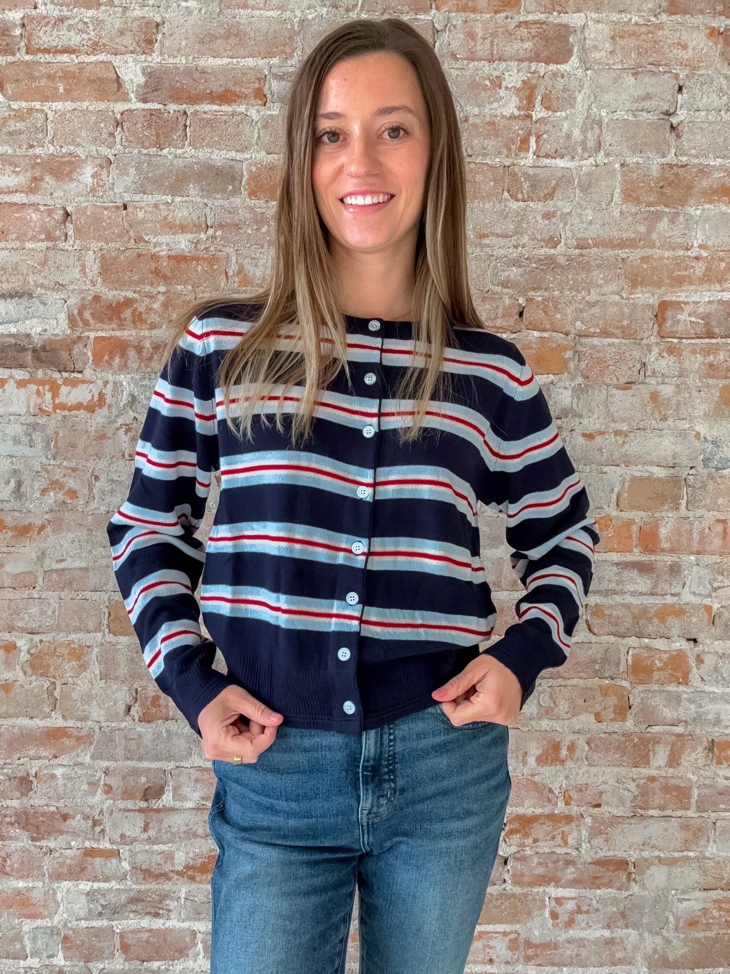 red white navy and light blue stripe cardigan