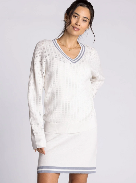 white v neck sweater with blue detailing