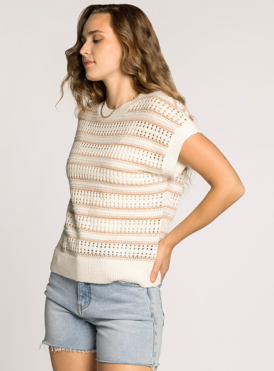 cream and white open knit muscle tank