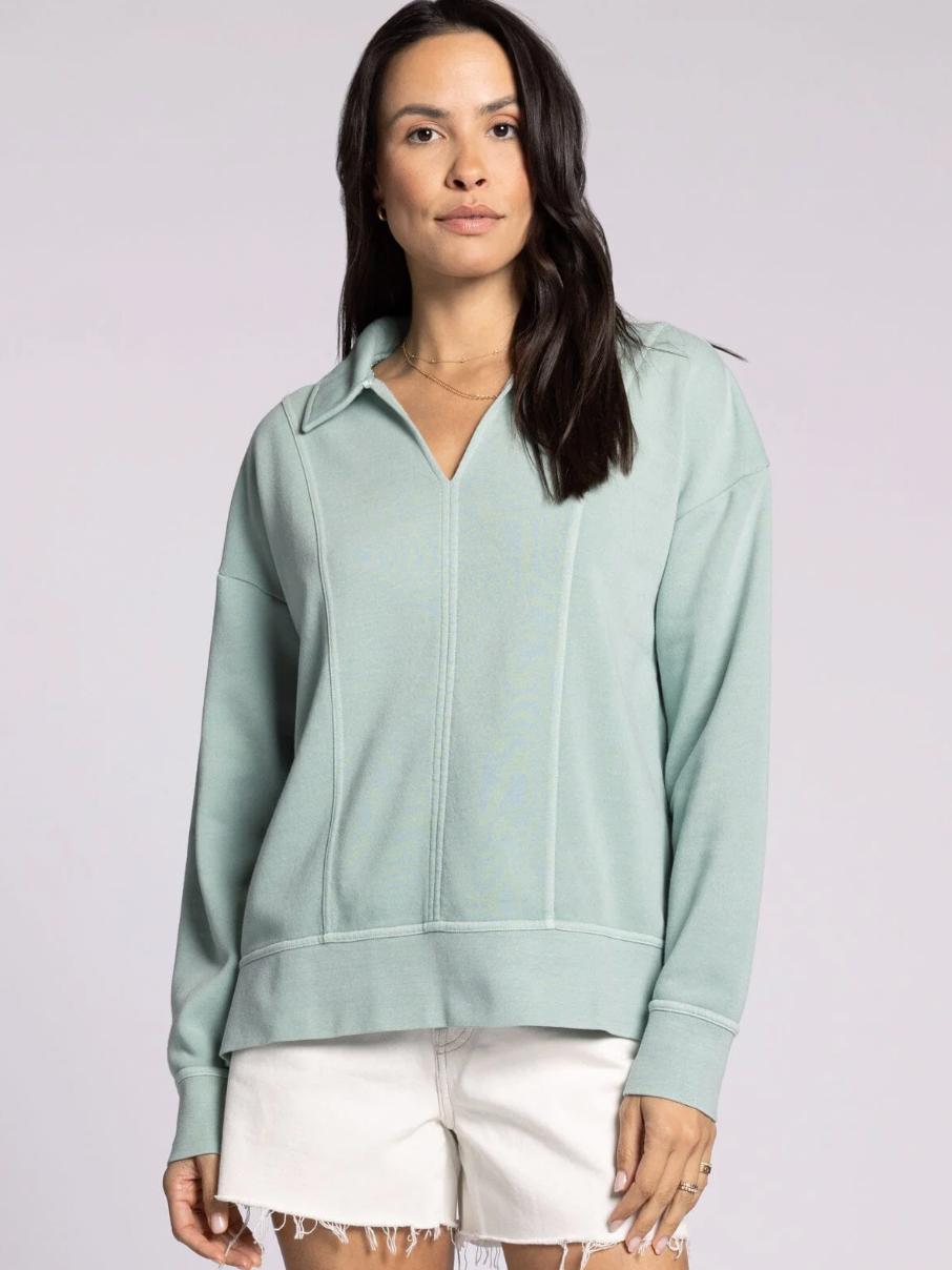 light blue collared sweatshirt