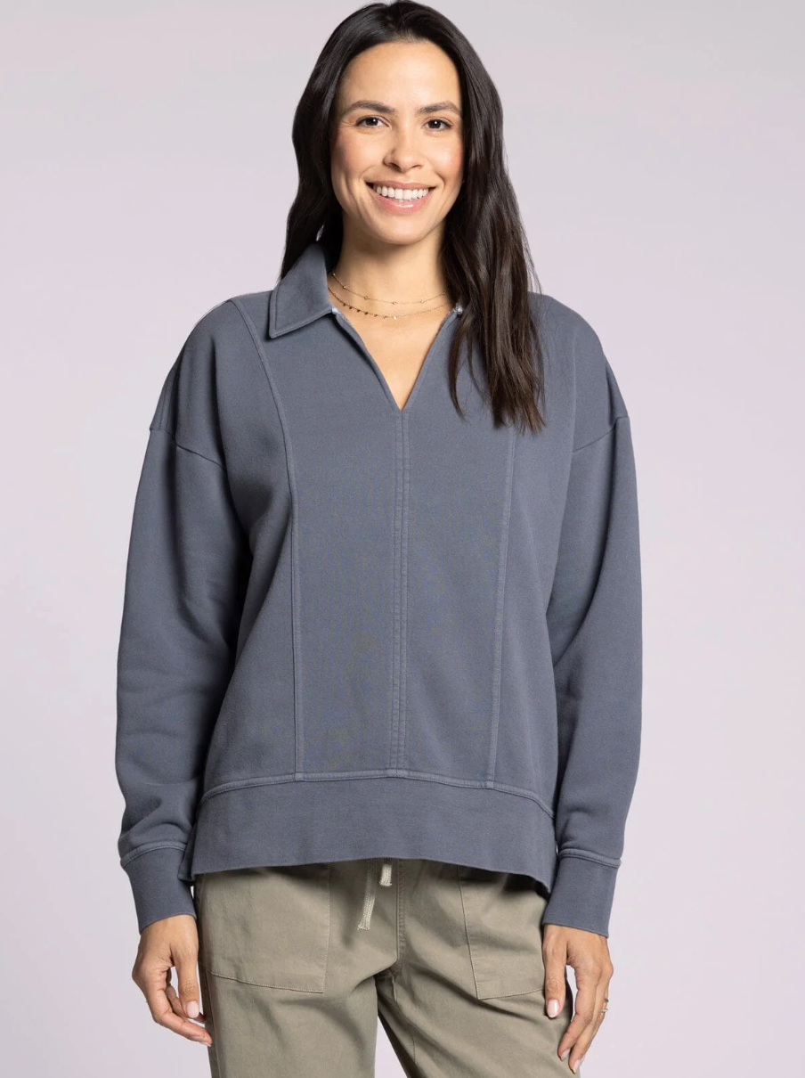 grey collared sweatshirt