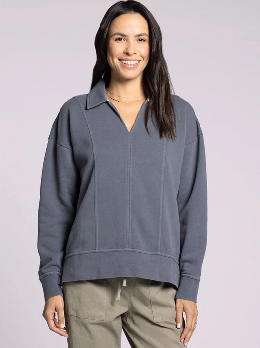 grey collared sweatshirt