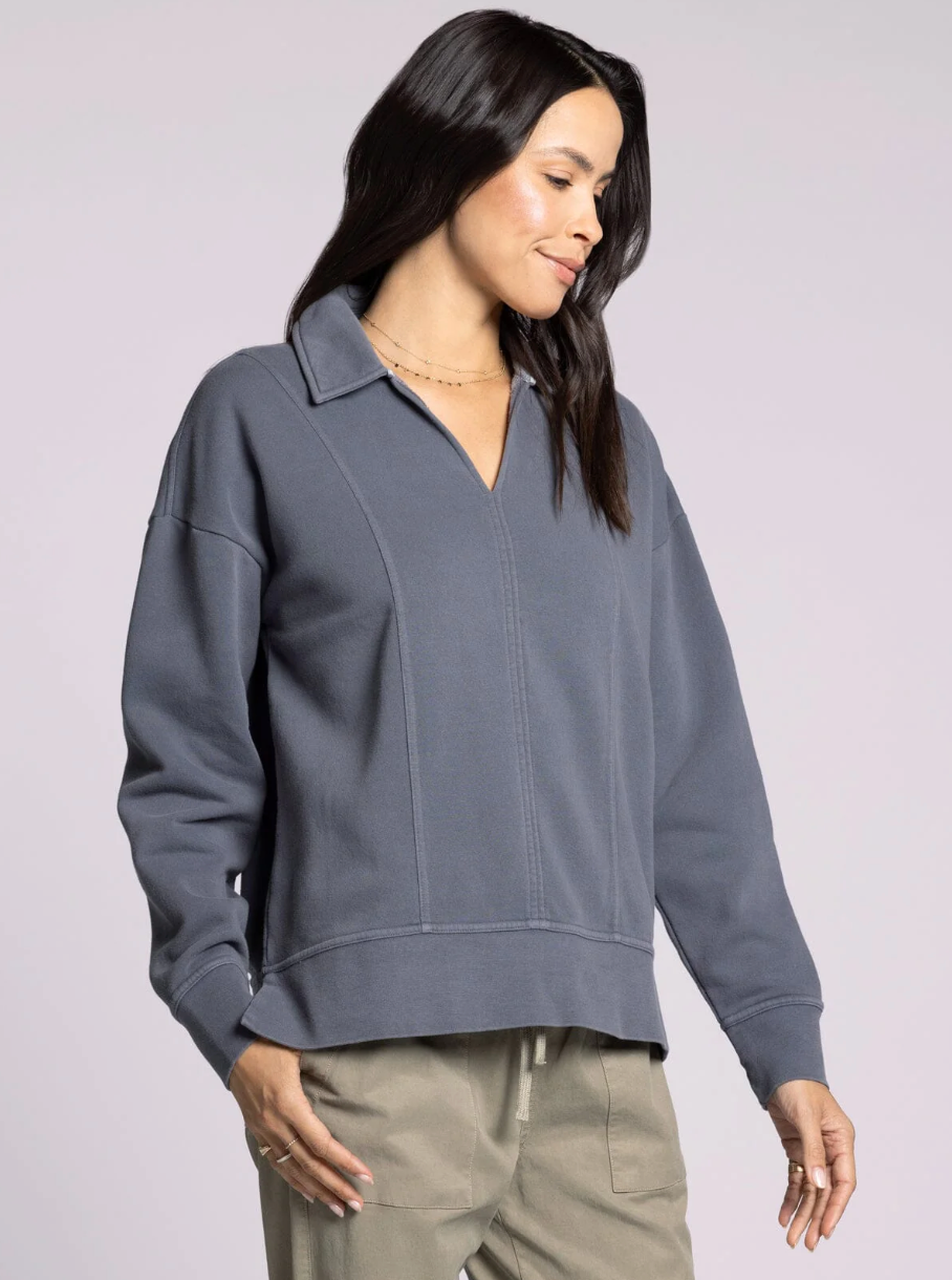 grey collared sweatshirt