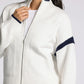 white sweater zip jacket with navy details