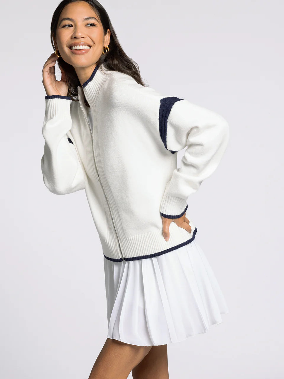 white sweater zip jacket with navy details