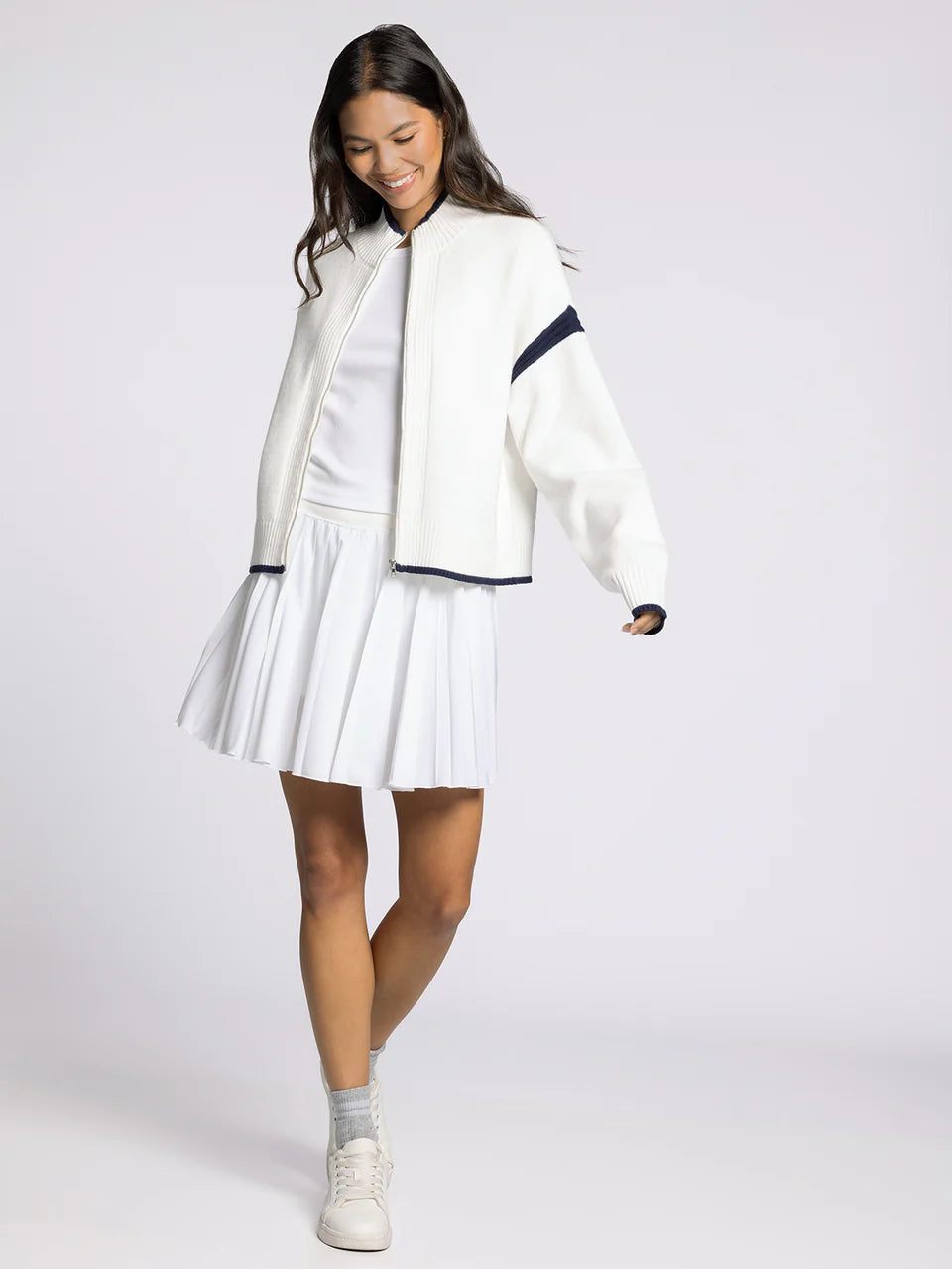 white sweater zip jacket with navy details