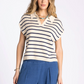 navy and taupe stripe knit polo