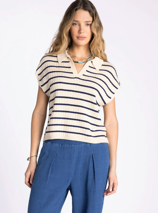 navy and taupe stripe knit polo