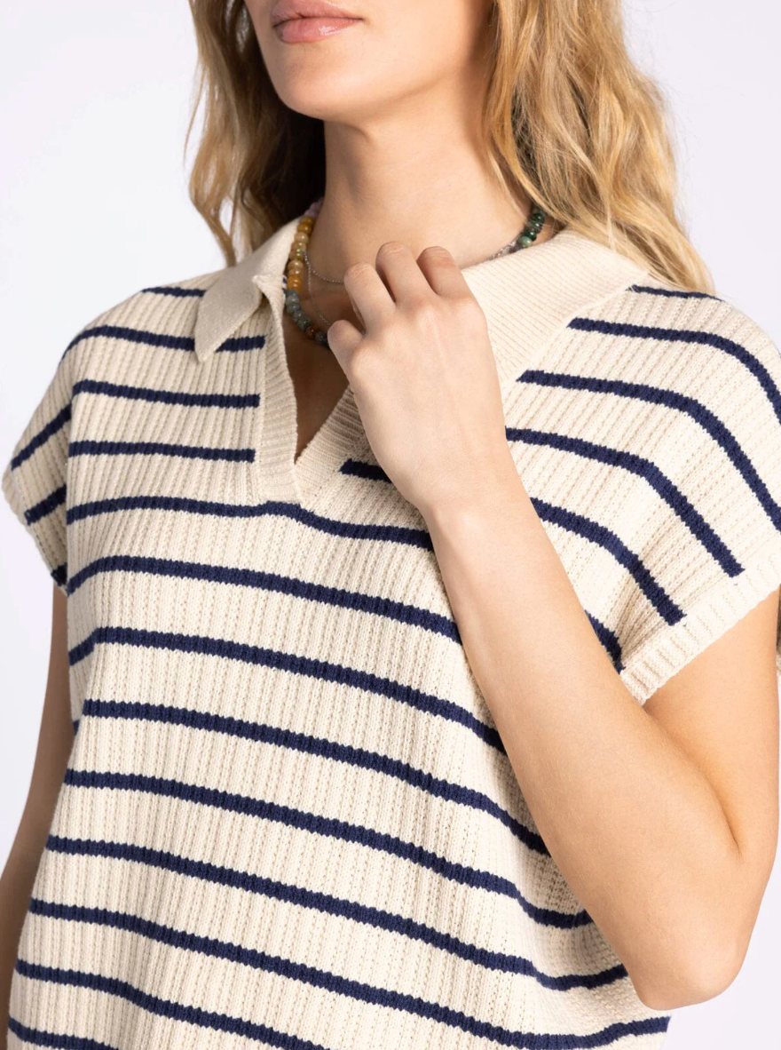 navy and taupe stripe knit polo