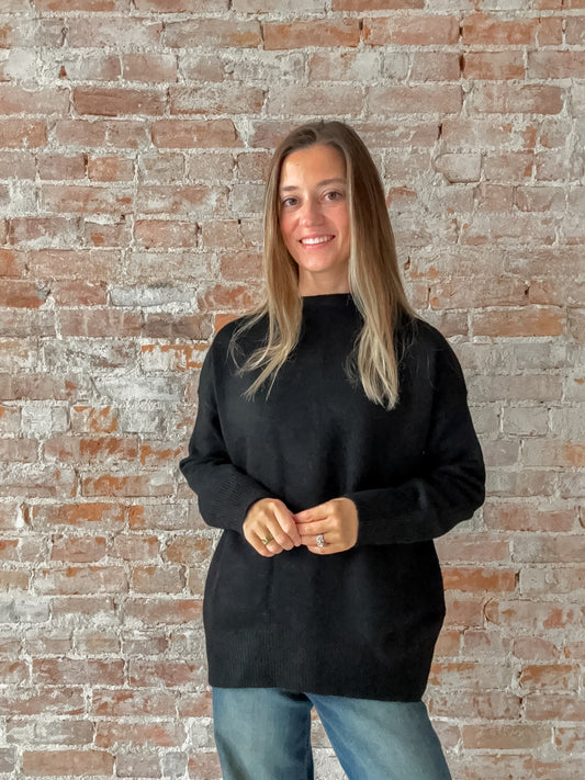 black mock neck tunic sweater