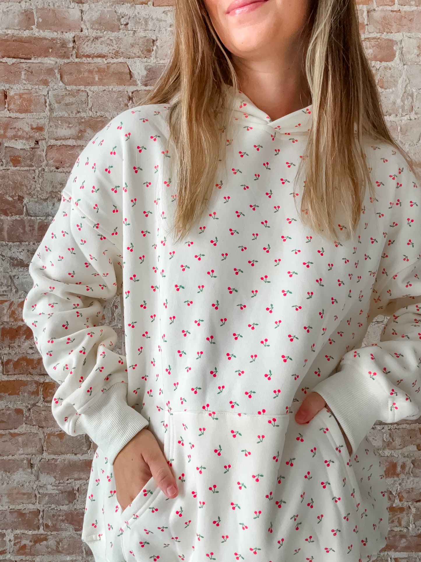 cherry print fleece hoodie