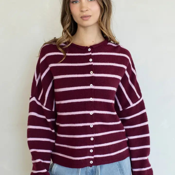 Piper Cardigan : Cabana Stripe in Wine Pink