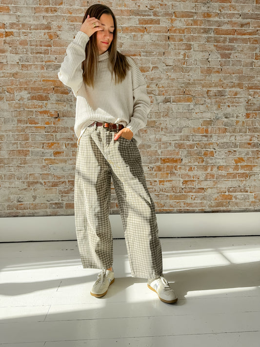 gingham plaid barrel jeans