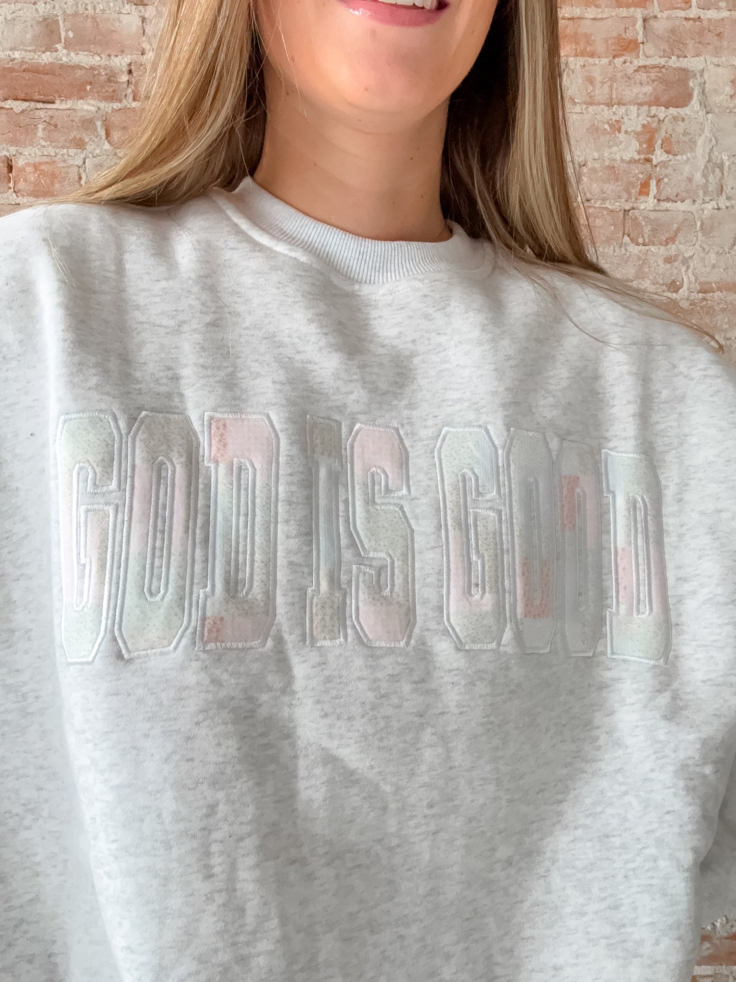"god is good" patchwork embroidered crewneck
