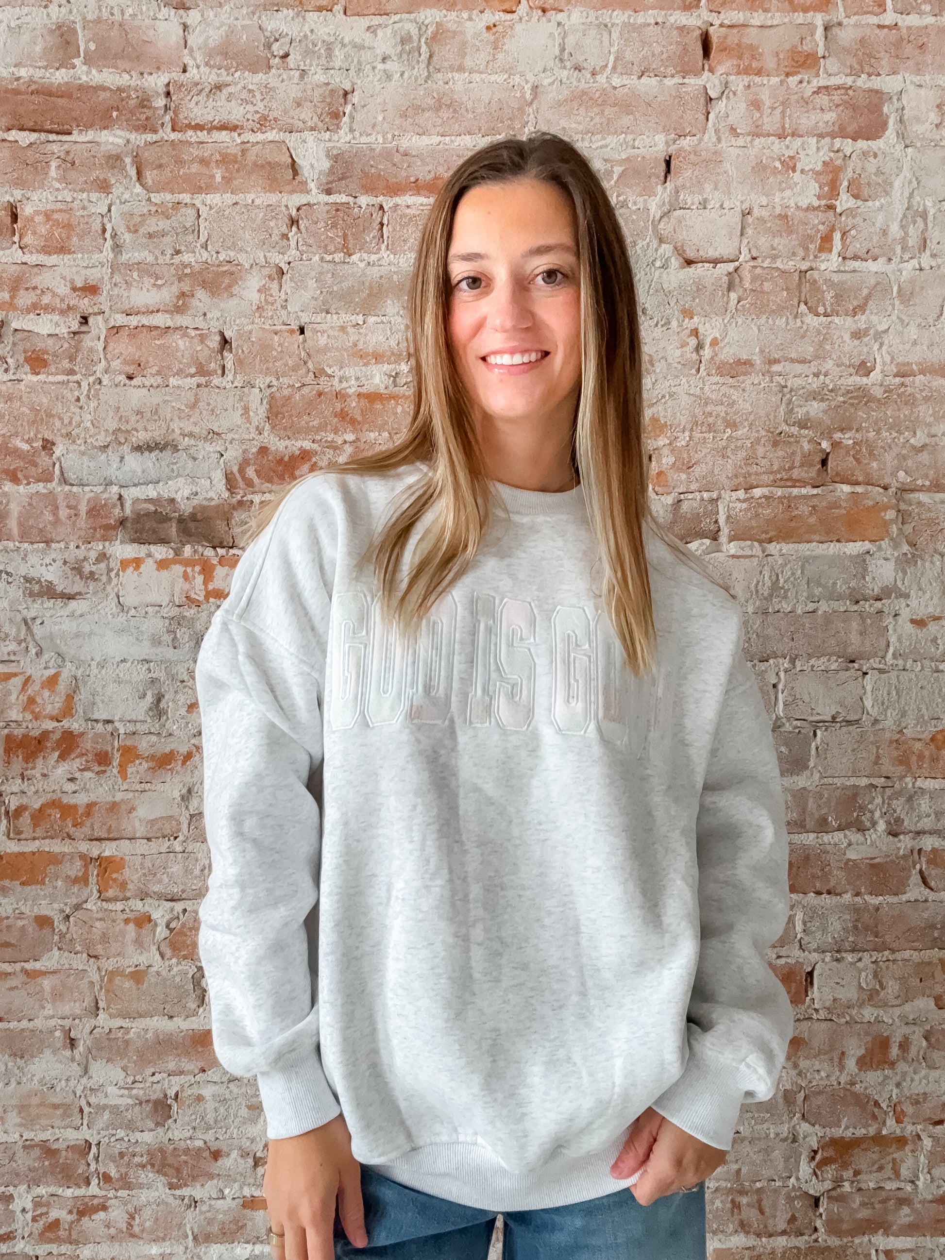 "god is good" patchwork embroidered crewneck