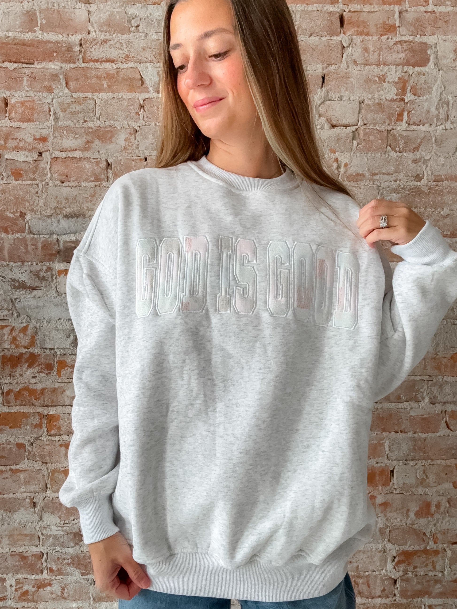 "god is good" patchwork embroidered crewneck