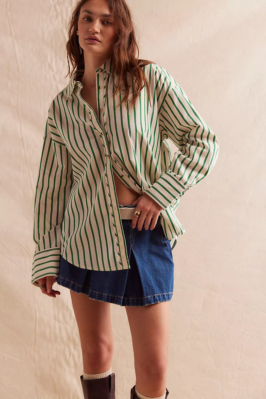 Free People: Varstiy Vibes Shirt in Green Combo