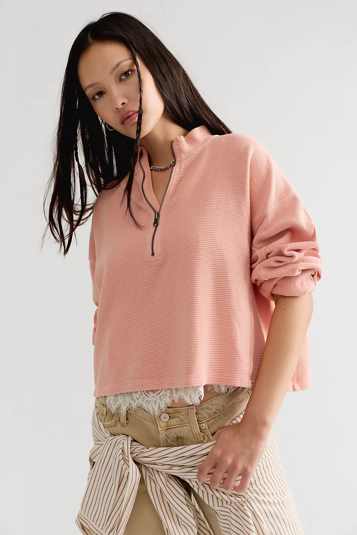 Free People: Celeste 1/4 Zip in Coral Pink