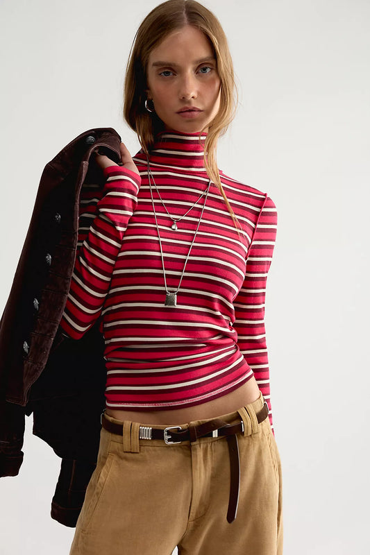 Free People: Good Good Stripe Turtleneck in Red Combo