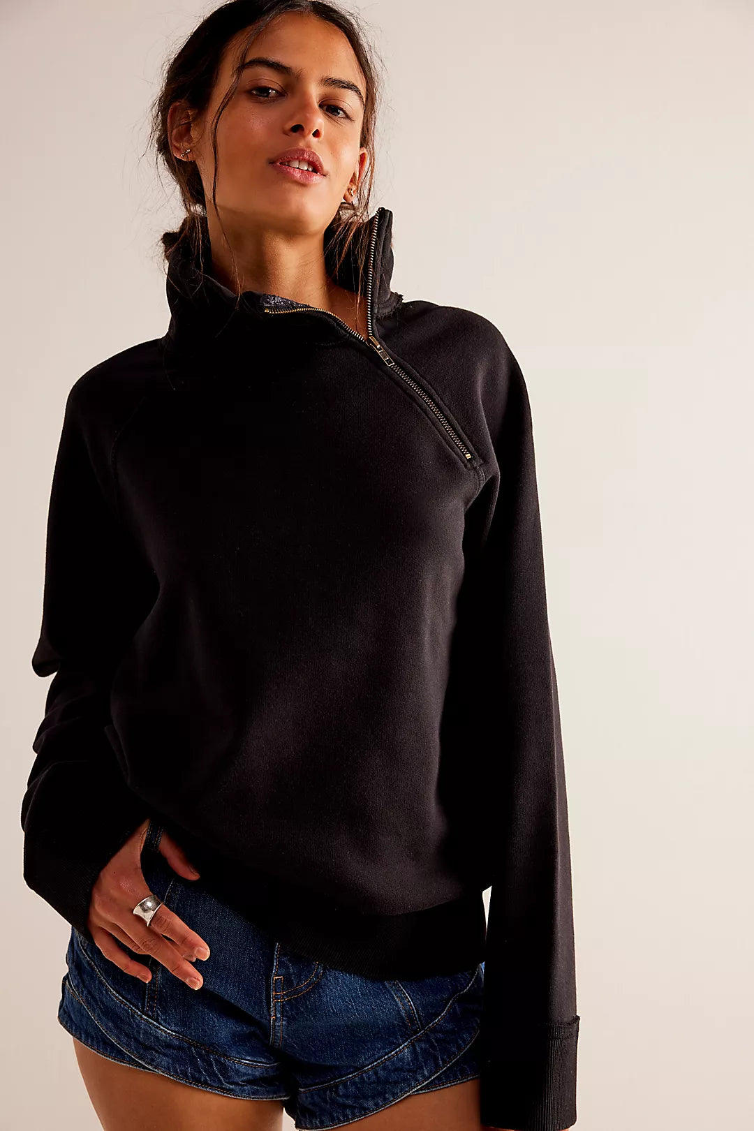 Free People: Just a Game 1/2 Zip - Washed Black