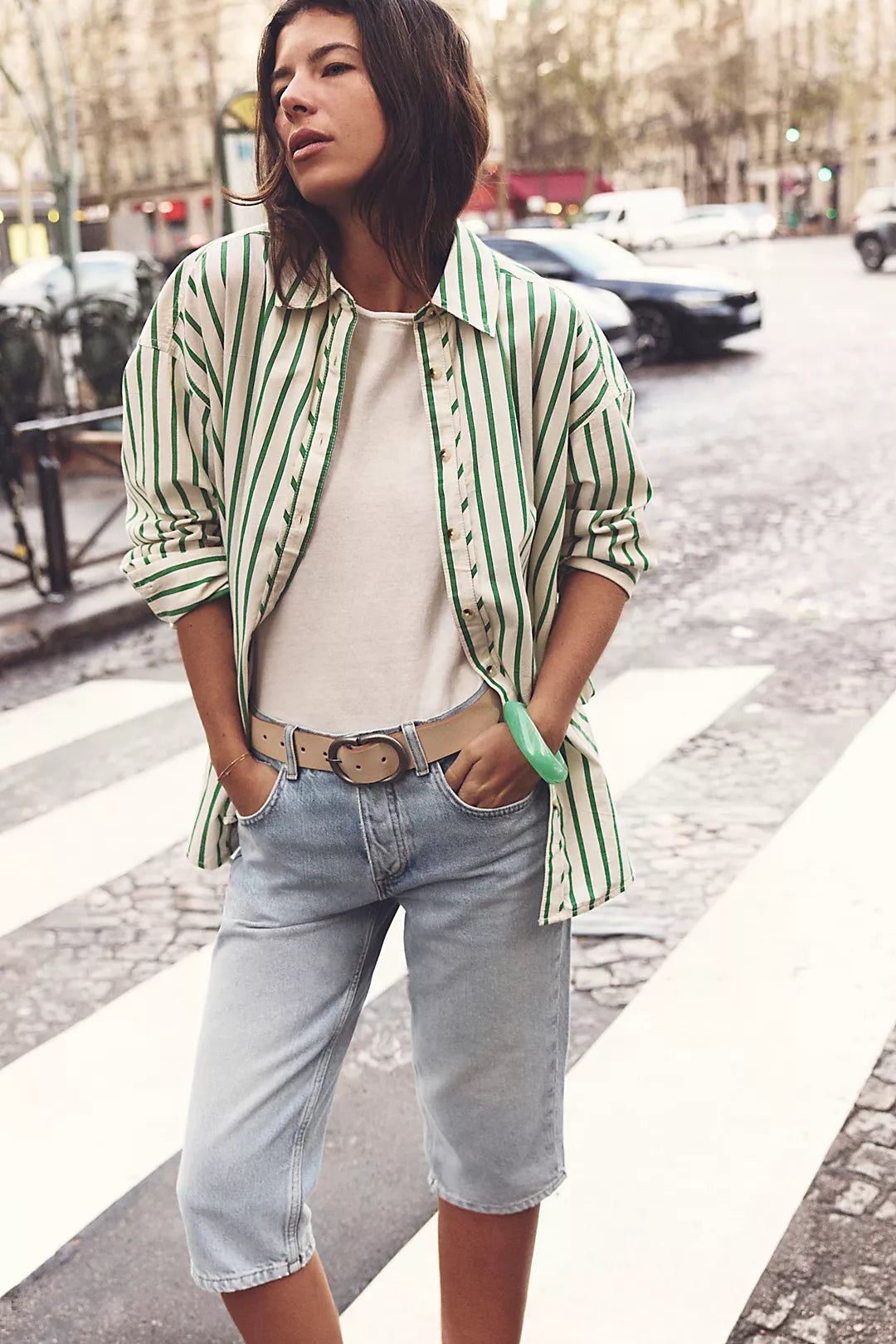 Free People: Varstiy Vibes Shirt in Green Combo