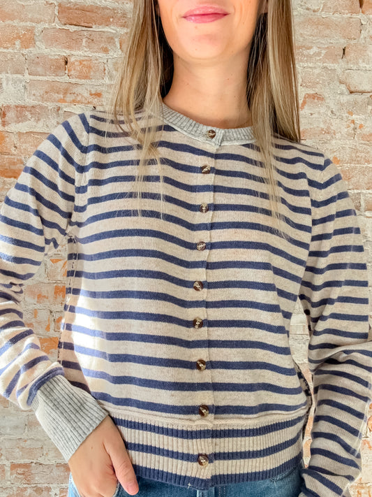 navy and oat striped cardigan