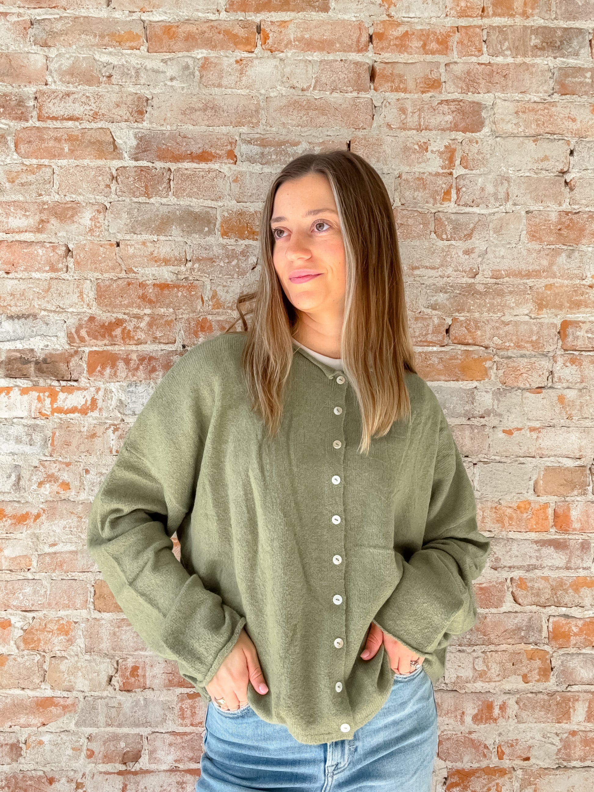 sage green cardigan