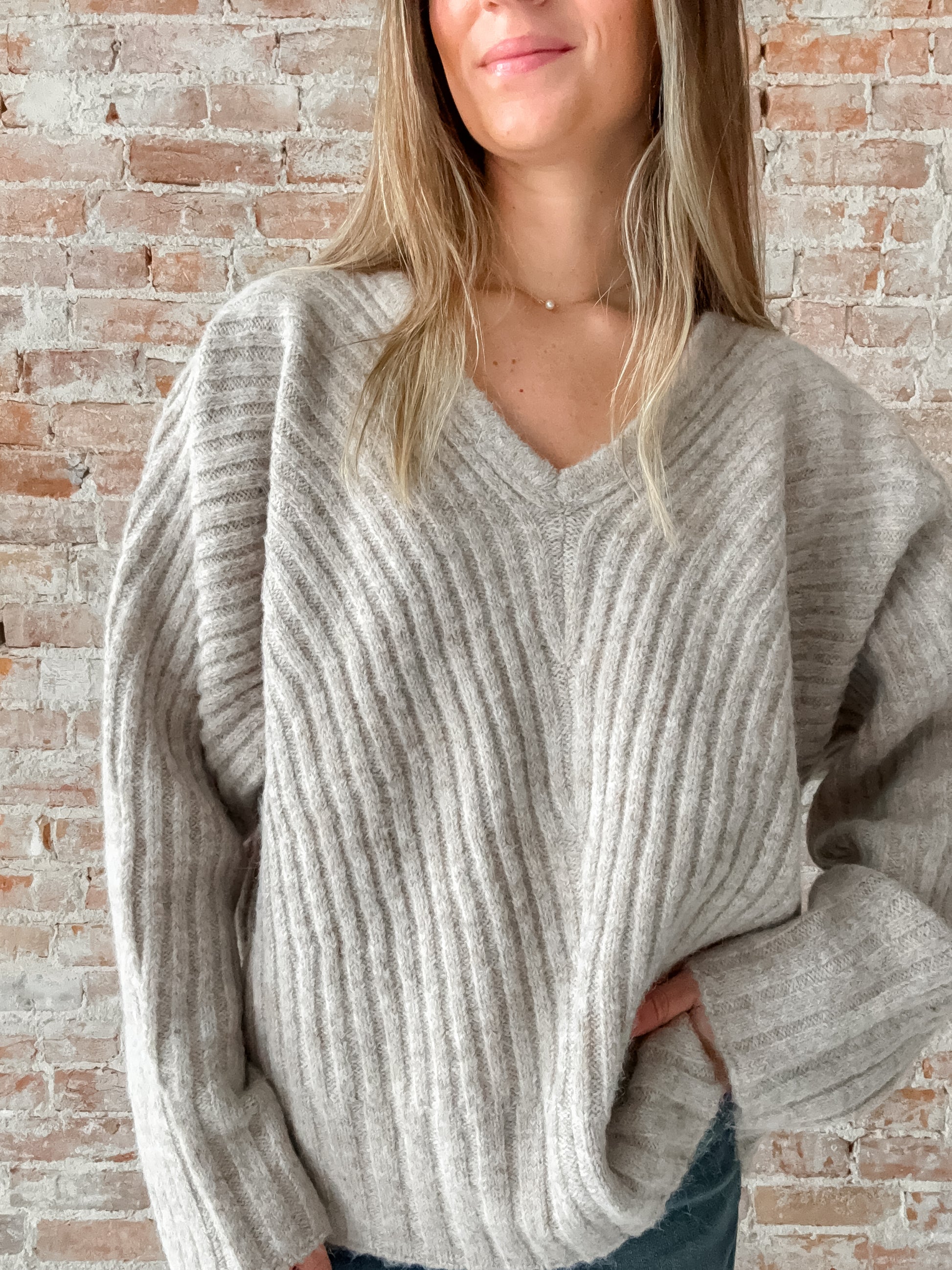 taupe v-neck ribbed knit sweater